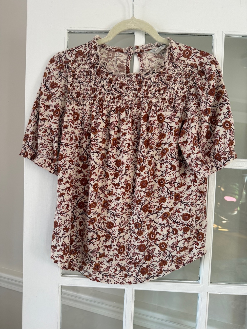 Lucky Brand Smocked Floral Short-Sleeve Blouse - Rust on Cream